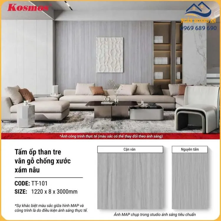 Tấm Ốp Than Tre Kosmos 8mm TT-101 Vân Gỗ Chống Xước Xám Nâu